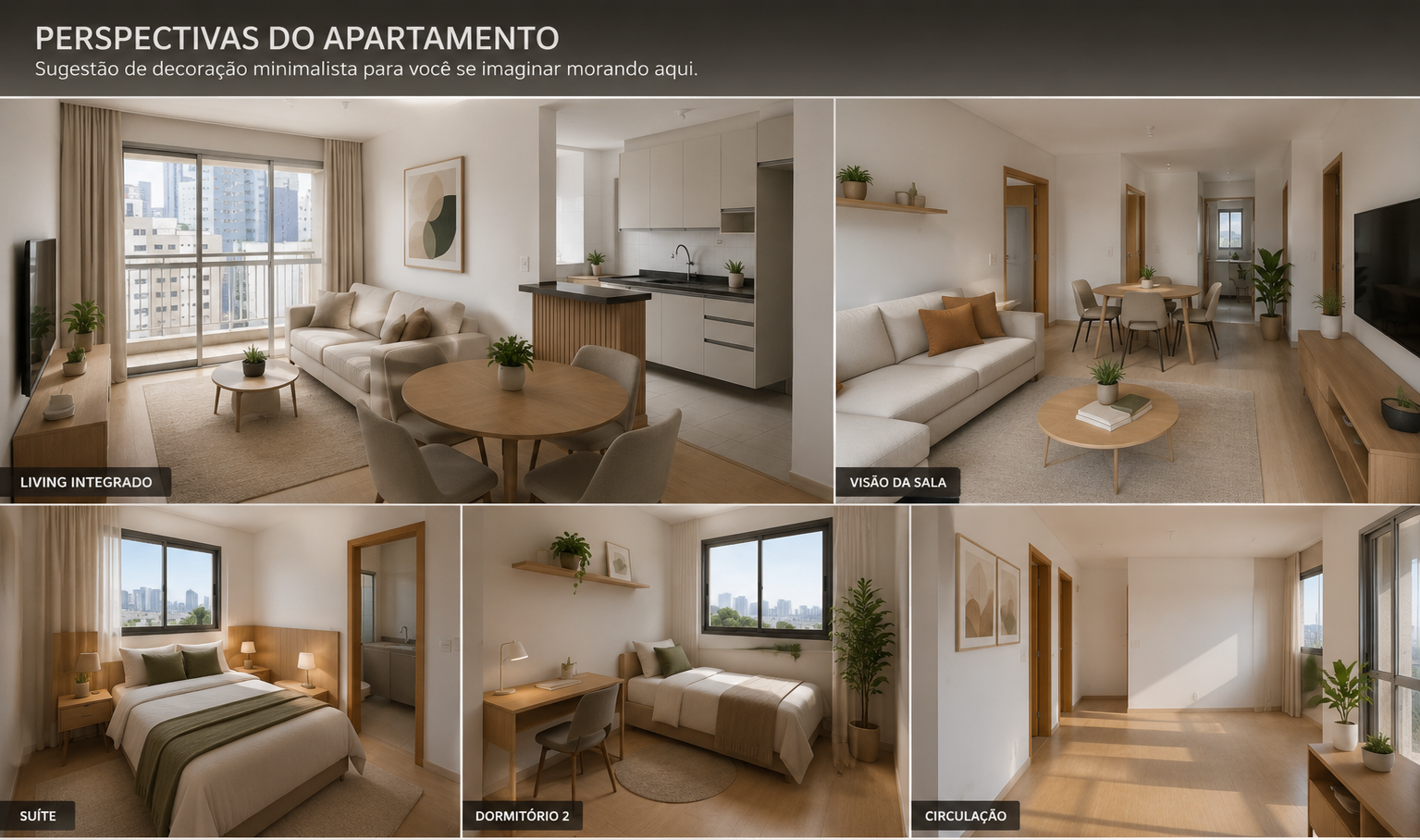 Perspectiva ilustrativa de ambientação minimalista do apartamento